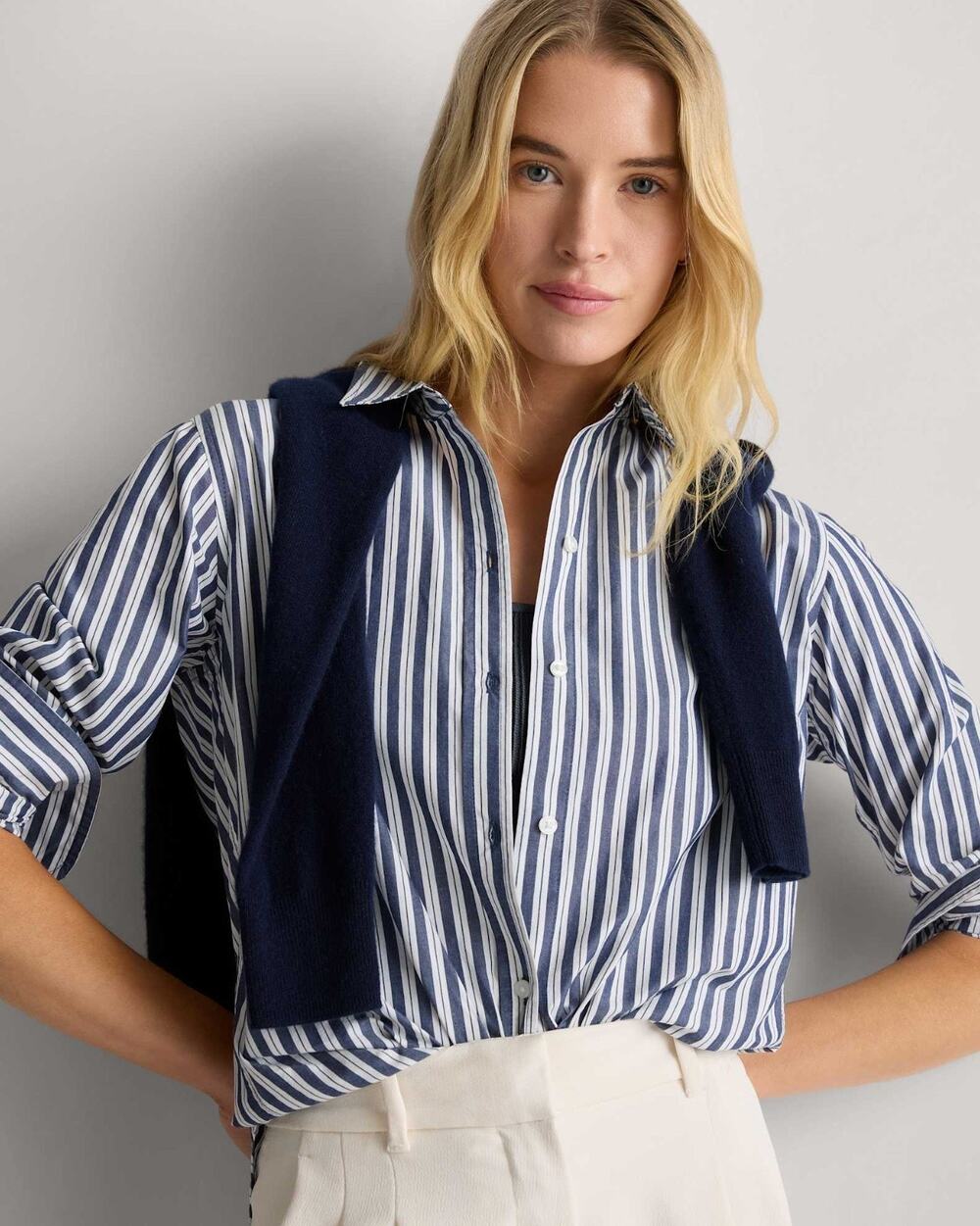 QUINCE Organic Cotton Poplin Long Sleeve Boyfriend Button Shirt Hudson Stripe S